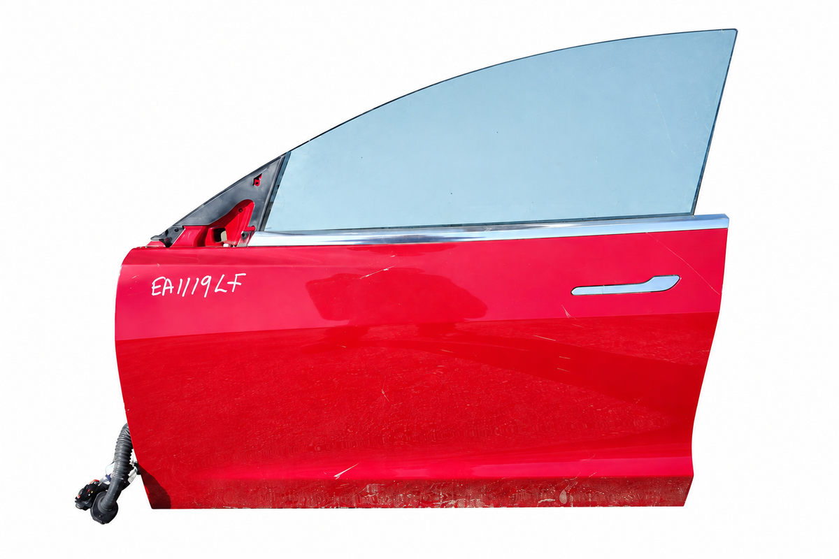 2020 Tesla Model 3 Front Left Door Assembly Red – Ref 1081421-E0-C – Stock EA1119; white background with standard margins; actual condition retained