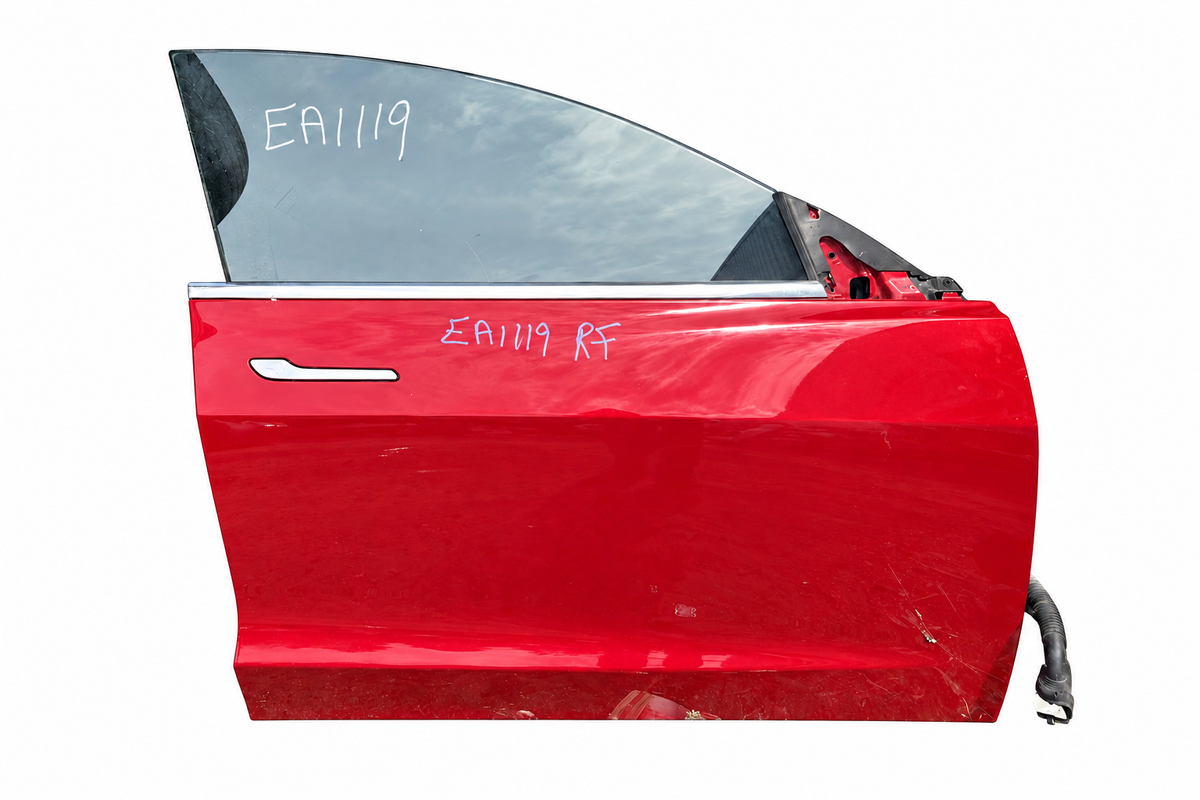 2020 Tesla Model 3 Front Right Door Assembly Red – Ref 1081420-E0-C – Stock EA1119; white background with standard margins; actual condition retained