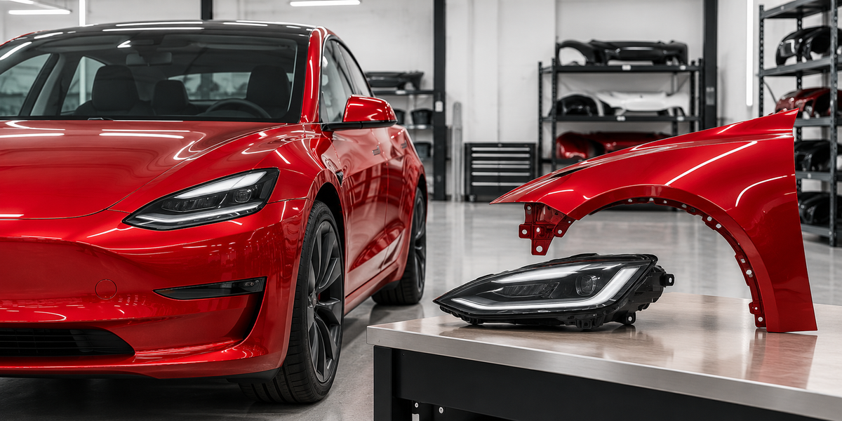 Red electric vehicle with OEM collision parts in a professional workshop